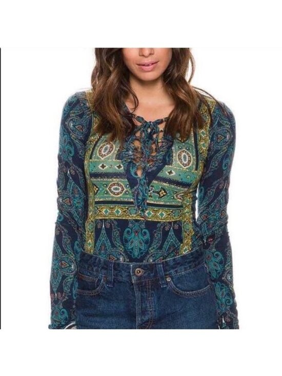 Free People Tops - Free People Boho Lace Up Top Women's XS Paisley Long Sleeve Festival Blouse